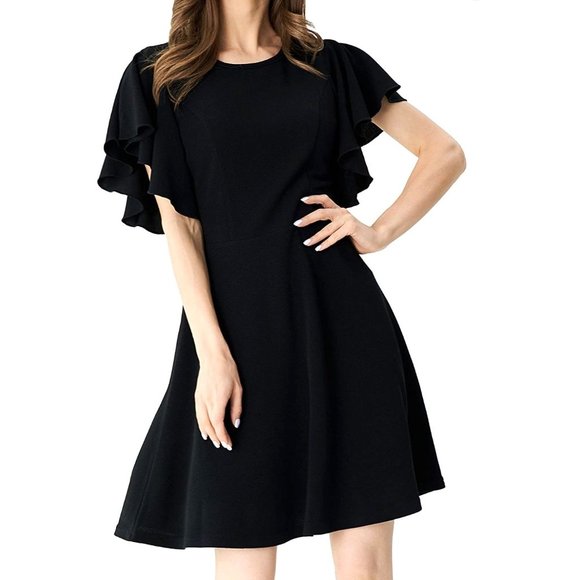Size XXL 1X 16 BLACK CREPE FLUTTER SLEEVE SKATER DRESS Wedding Party‎ PLUS SIZE - Picture 1 of 11